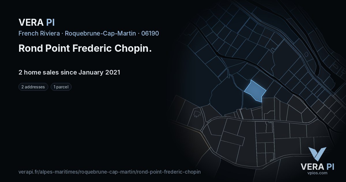 Rond Point Frederic Chopin, Roquebrune-Cap-Martin at night – every parcel coloured by the prices around it, the street's own parcels lit