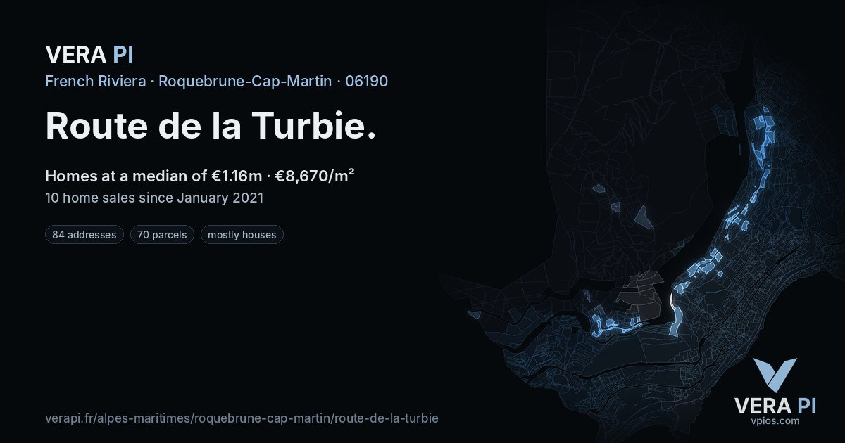 Route de la Turbie, Roquebrune-Cap-Martin at night – every parcel coloured by the prices around it, the street's own parcels lit