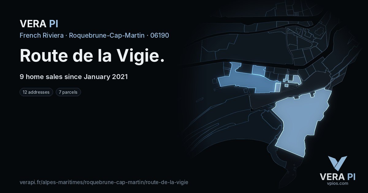 Route de la Vigie, Roquebrune-Cap-Martin at night – every parcel coloured by the prices around it, the street's own parcels lit