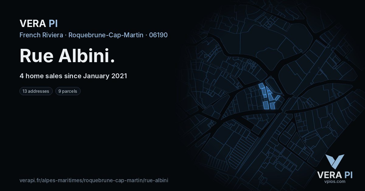 Rue Albini, Roquebrune-Cap-Martin at night – every parcel coloured by the prices around it, the street's own parcels lit