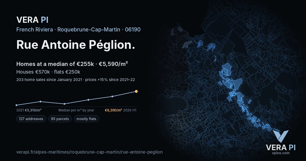Rue Antoine Péglion, Roquebrune-Cap-Martin at night – every parcel coloured by the prices around it, the street's own parcels lit