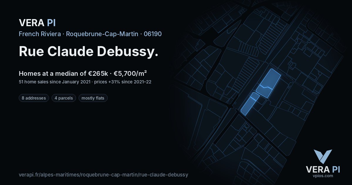Rue Claude Debussy, Roquebrune-Cap-Martin at night – every parcel coloured by the prices around it, the street's own parcels lit