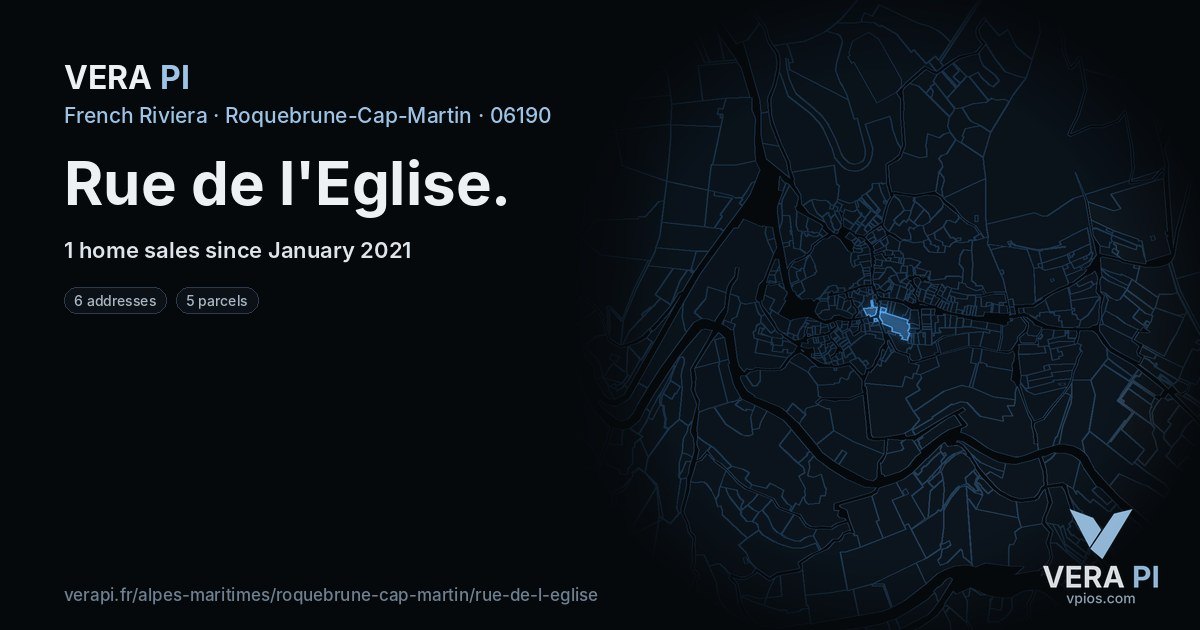 Rue de l'Eglise, Roquebrune-Cap-Martin at night – every parcel coloured by the prices around it, the street's own parcels lit
