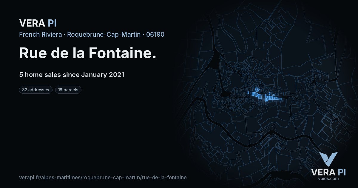 Rue de la Fontaine, Roquebrune-Cap-Martin at night – every parcel coloured by the prices around it, the street's own parcels lit