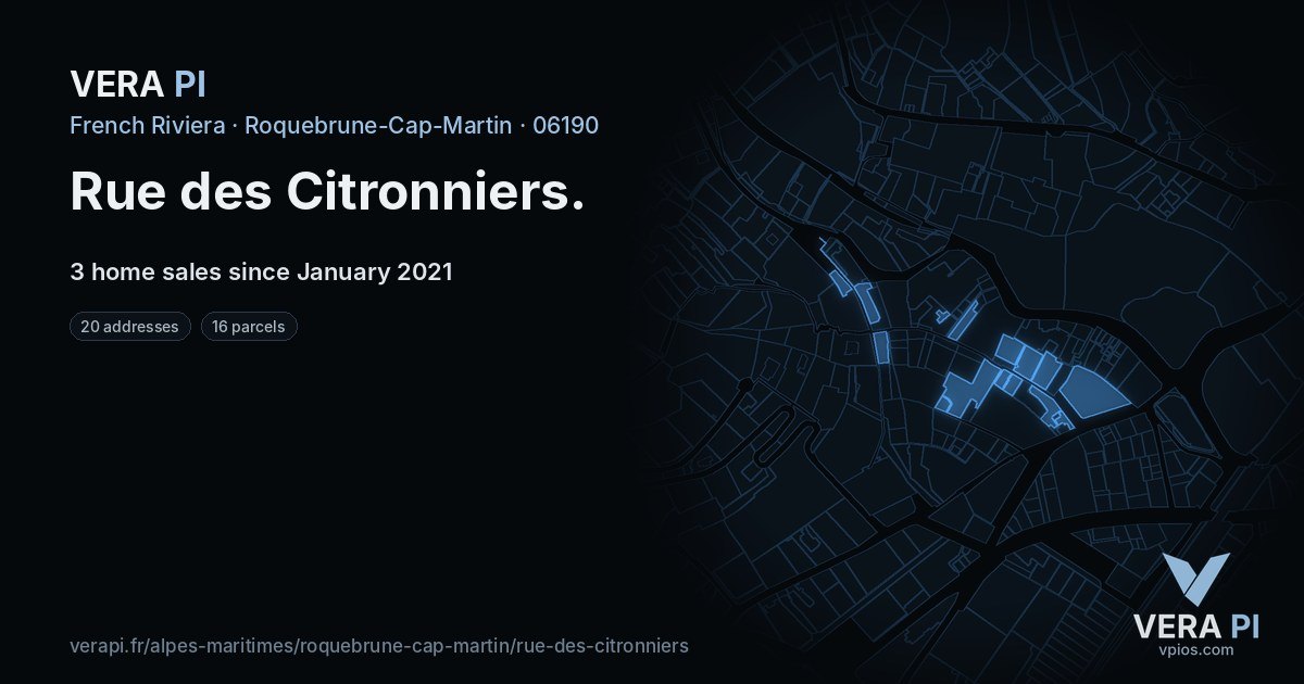 Rue des Citronniers, Roquebrune-Cap-Martin at night – every parcel coloured by the prices around it, the street's own parcels lit