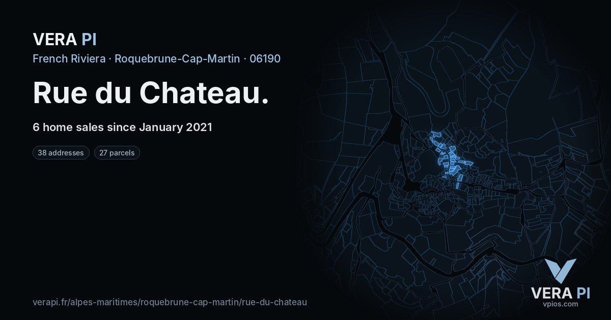 Rue du Chateau, Roquebrune-Cap-Martin at night – every parcel coloured by the prices around it, the street's own parcels lit