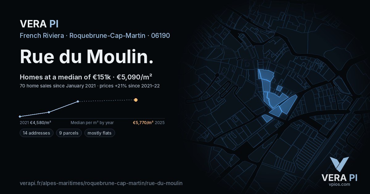 Rue du Moulin, Roquebrune-Cap-Martin at night – every parcel coloured by the prices around it, the street's own parcels lit
