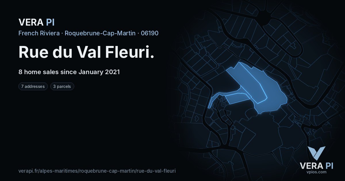 Rue du Val Fleuri, Roquebrune-Cap-Martin at night – every parcel coloured by the prices around it, the street's own parcels lit