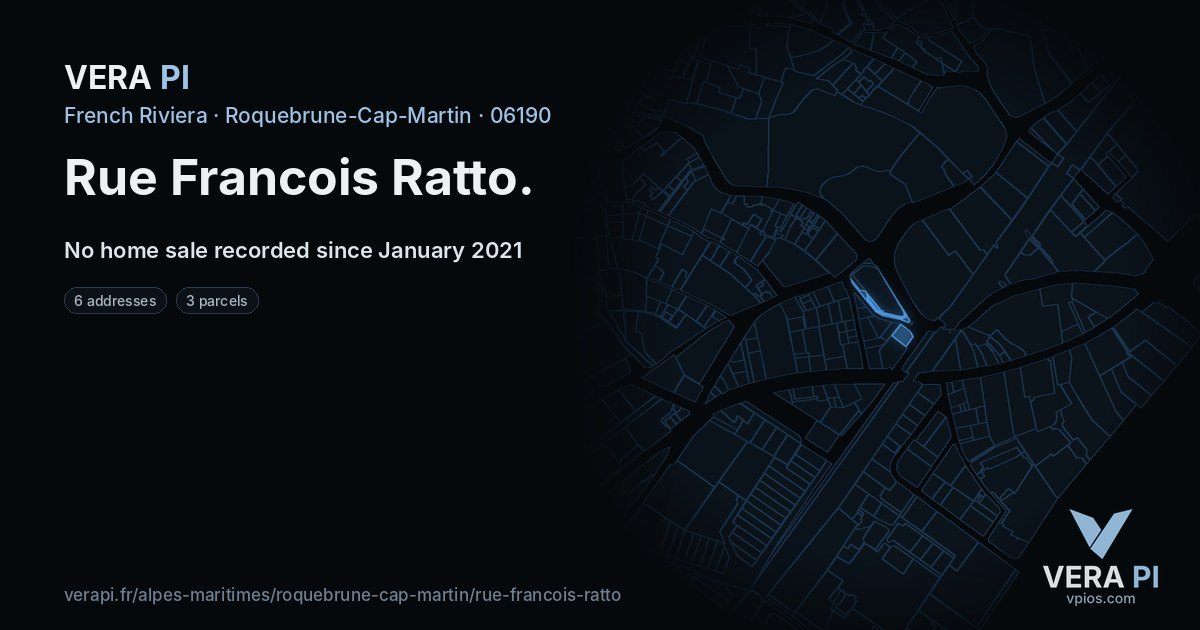 Rue Francois Ratto, Roquebrune-Cap-Martin at night – every parcel coloured by the prices around it, the street's own parcels lit