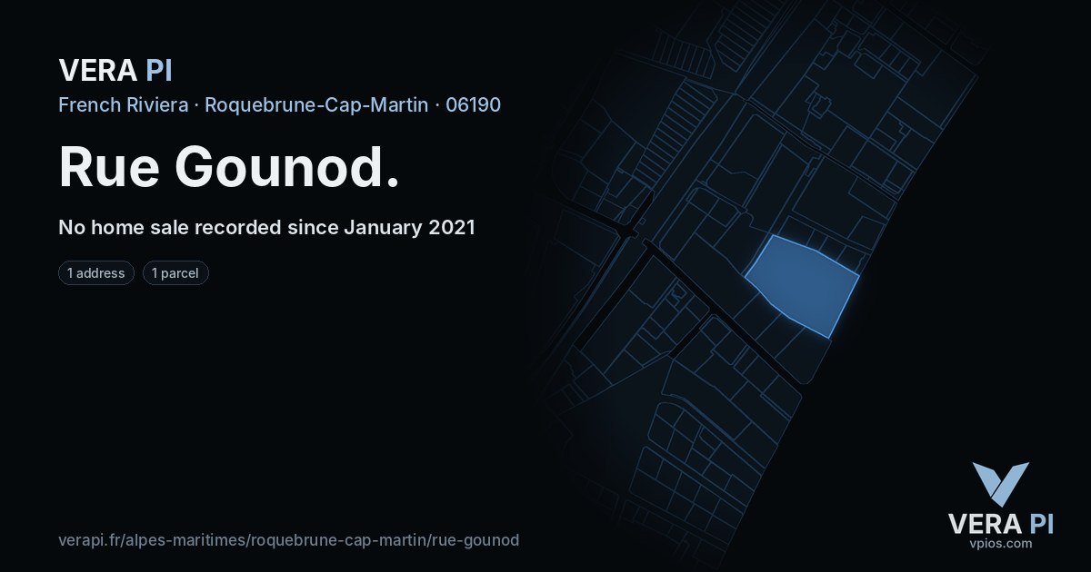 Rue Gounod, Roquebrune-Cap-Martin at night – every parcel coloured by the prices around it, the street's own parcels lit