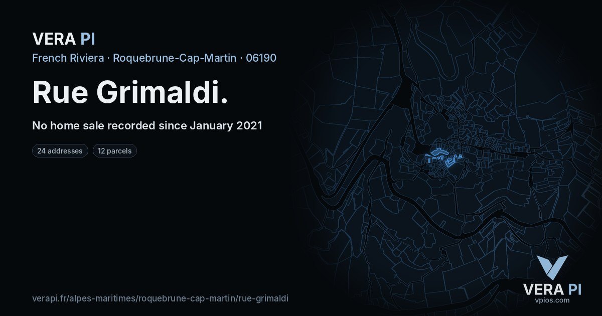 Rue Grimaldi, Roquebrune-Cap-Martin at night – every parcel coloured by the prices around it, the street's own parcels lit