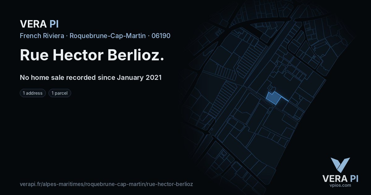 Rue Hector Berlioz, Roquebrune-Cap-Martin at night – every parcel coloured by the prices around it, the street's own parcels lit