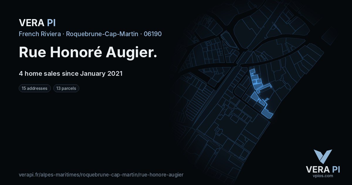 Rue Honoré Augier, Roquebrune-Cap-Martin at night – every parcel coloured by the prices around it, the street's own parcels lit