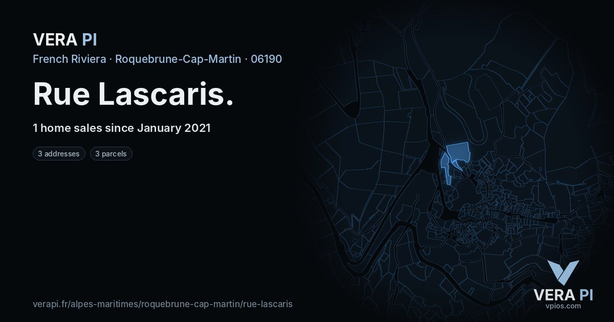 Rue Lascaris, Roquebrune-Cap-Martin at night – every parcel coloured by the prices around it, the street's own parcels lit
