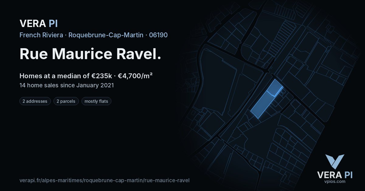 Rue Maurice Ravel, Roquebrune-Cap-Martin at night – every parcel coloured by the prices around it, the street's own parcels lit