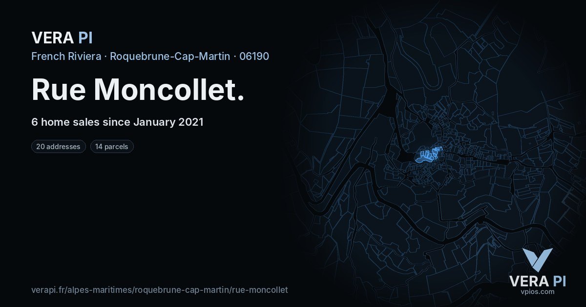 Rue Moncollet, Roquebrune-Cap-Martin at night – every parcel coloured by the prices around it, the street's own parcels lit