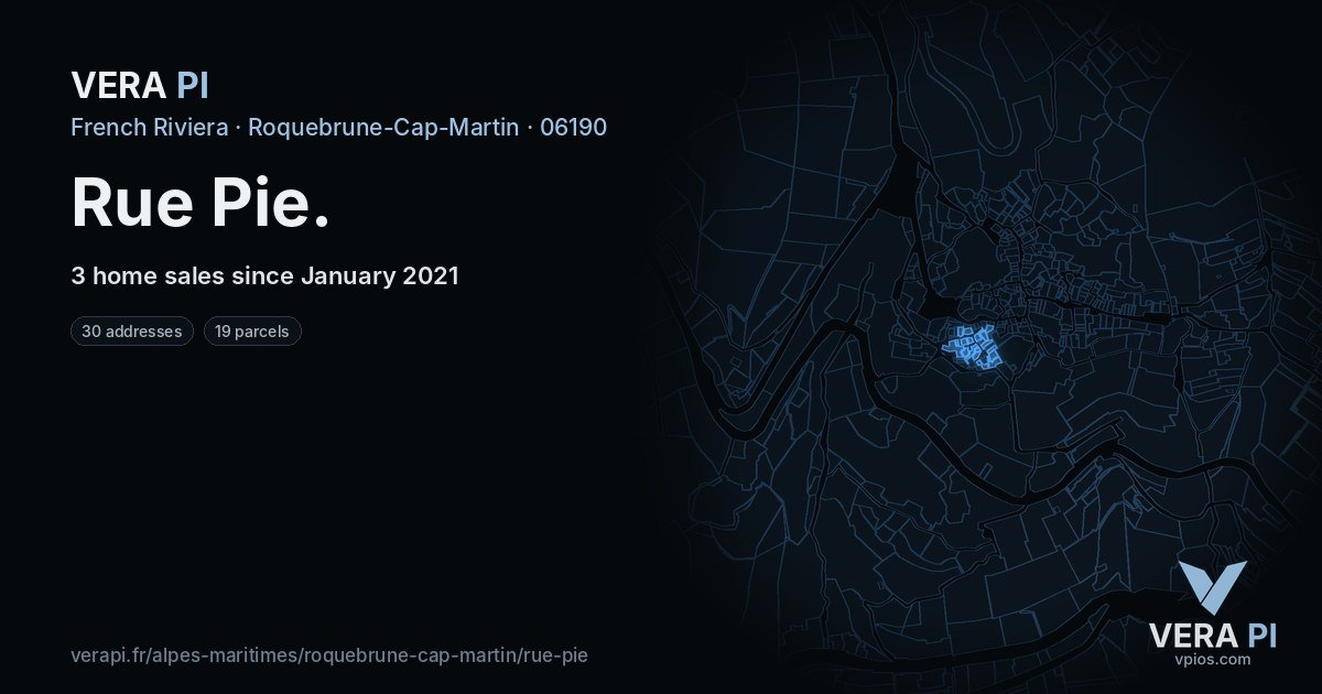 Rue Pie, Roquebrune-Cap-Martin at night – every parcel coloured by the prices around it, the street's own parcels lit
