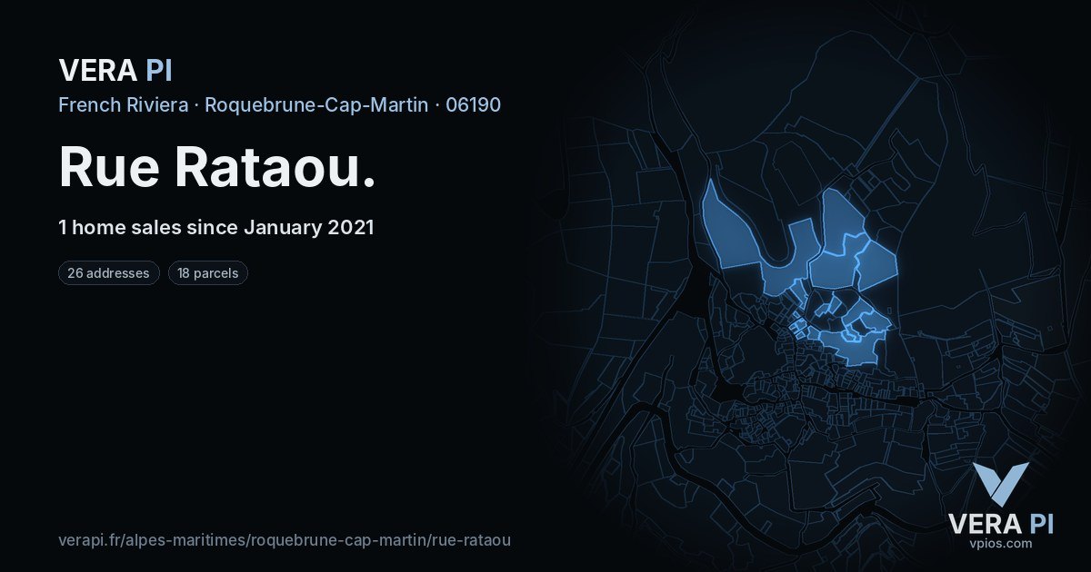 Rue Rataou, Roquebrune-Cap-Martin at night – every parcel coloured by the prices around it, the street's own parcels lit