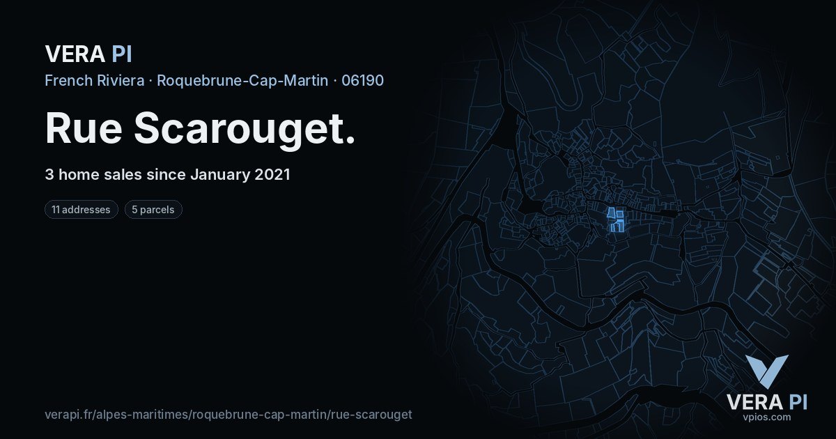 Rue Scarouget, Roquebrune-Cap-Martin at night – every parcel coloured by the prices around it, the street's own parcels lit