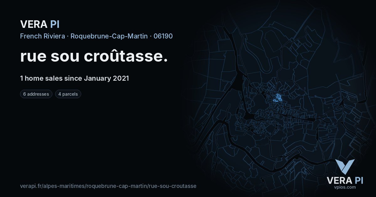 rue sou croûtasse, Roquebrune-Cap-Martin at night – every parcel coloured by the prices around it, the street's own parcels lit