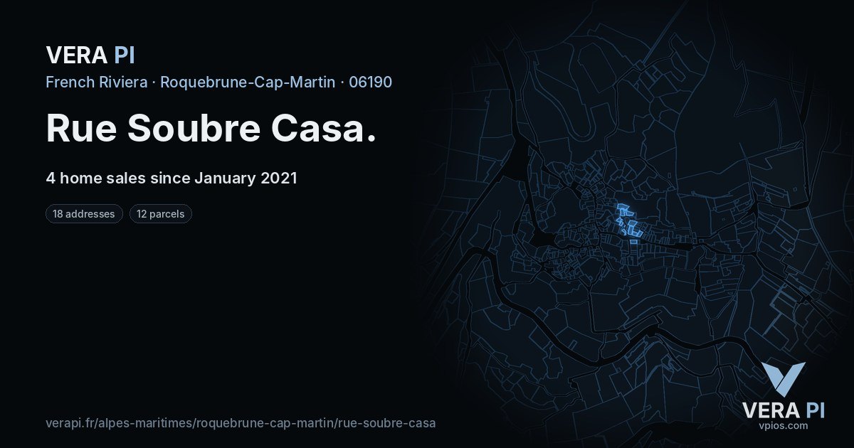 Rue Soubre Casa, Roquebrune-Cap-Martin at night – every parcel coloured by the prices around it, the street's own parcels lit