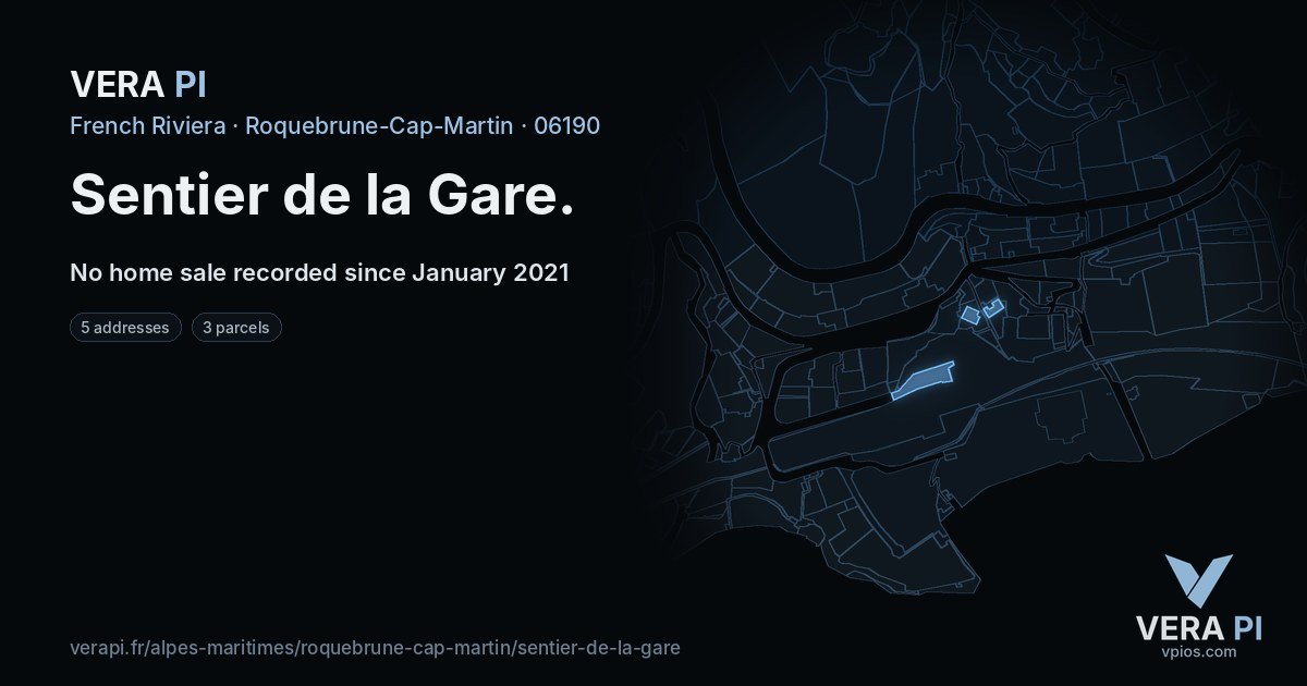 Sentier de la Gare, Roquebrune-Cap-Martin at night – every parcel coloured by the prices around it, the street's own parcels lit