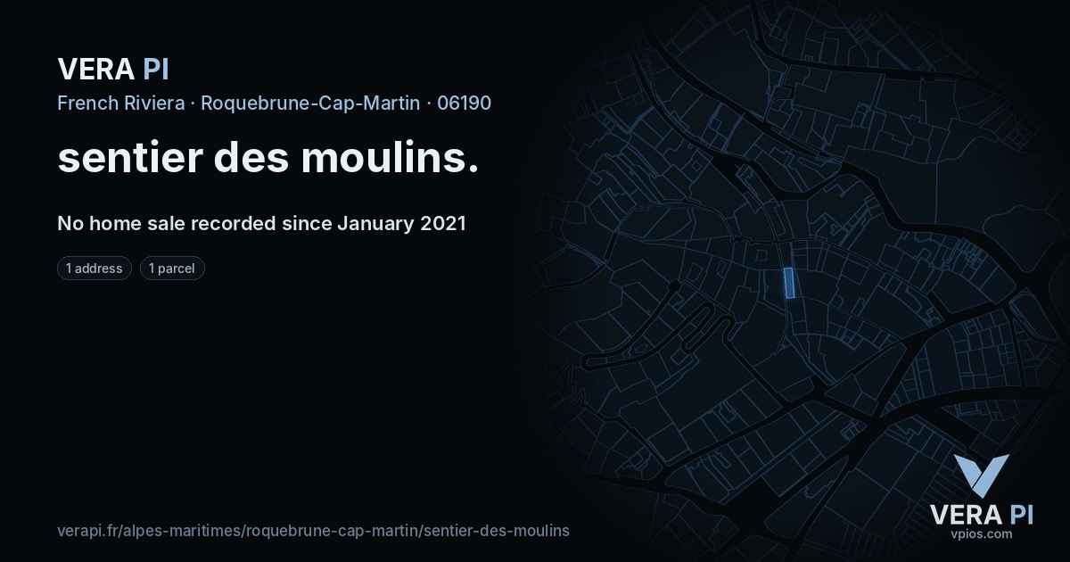 sentier des moulins, Roquebrune-Cap-Martin at night – every parcel coloured by the prices around it, the street's own parcels lit