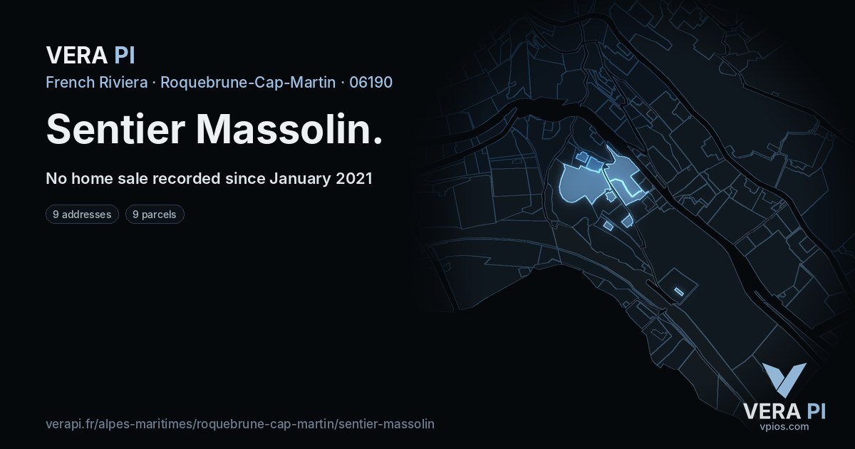 Sentier Massolin, Roquebrune-Cap-Martin at night – every parcel coloured by the prices around it, the street's own parcels lit
