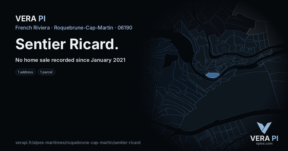 Sentier Ricard, Roquebrune-Cap-Martin at night – every parcel coloured by the prices around it, the street's own parcels lit