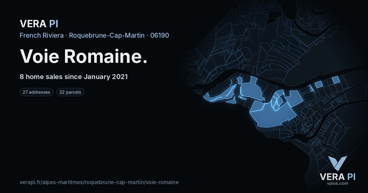 Voie Romaine, Roquebrune-Cap-Martin at night – every parcel coloured by the prices around it, the street's own parcels lit