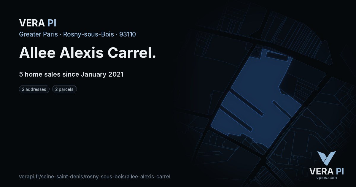 Allee Alexis Carrel, Rosny-sous-Bois at night – every parcel coloured by the prices around it, the street's own parcels lit