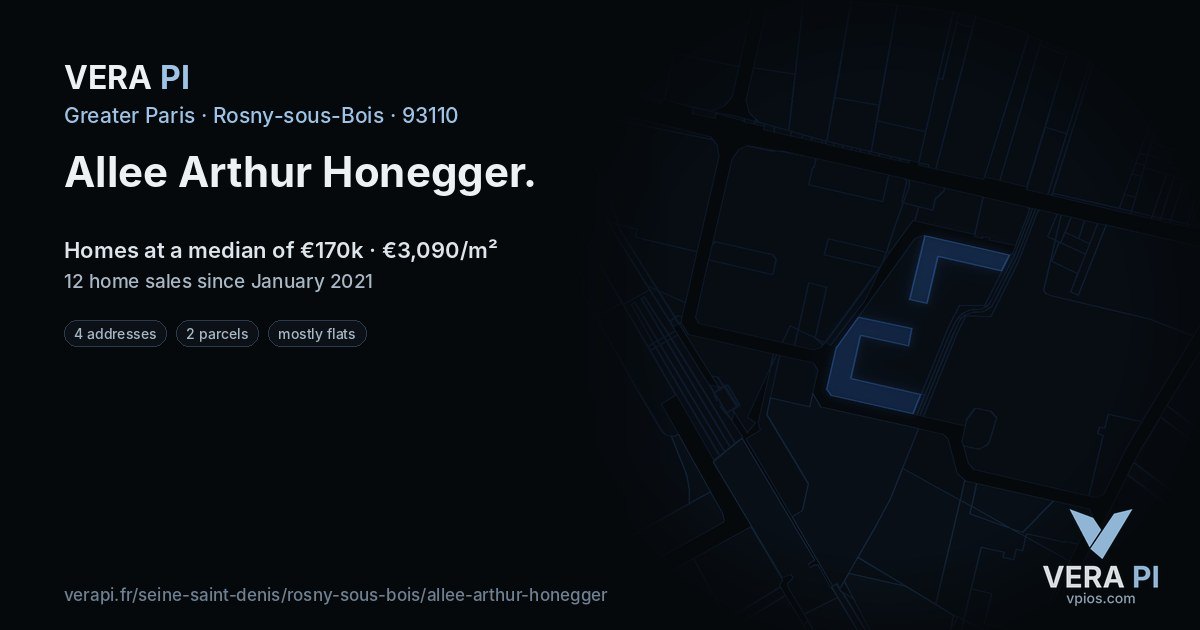 Allee Arthur Honegger, Rosny-sous-Bois at night – every parcel coloured by the prices around it, the street's own parcels lit