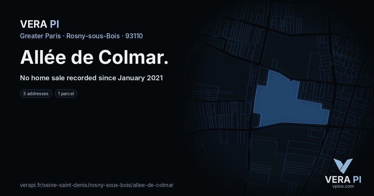 Allée de Colmar, Rosny-sous-Bois at night – every parcel coloured by the prices around it, the street's own parcels lit
