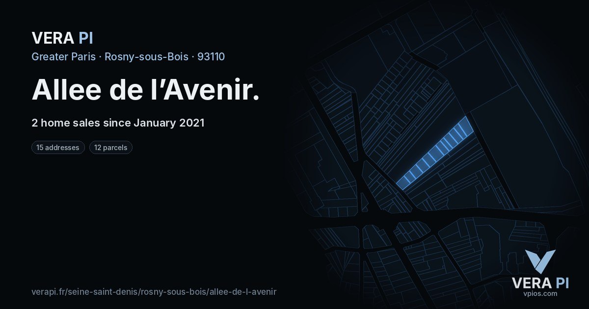 Allee de l’Avenir, Rosny-sous-Bois at night – every parcel coloured by the prices around it, the street's own parcels lit