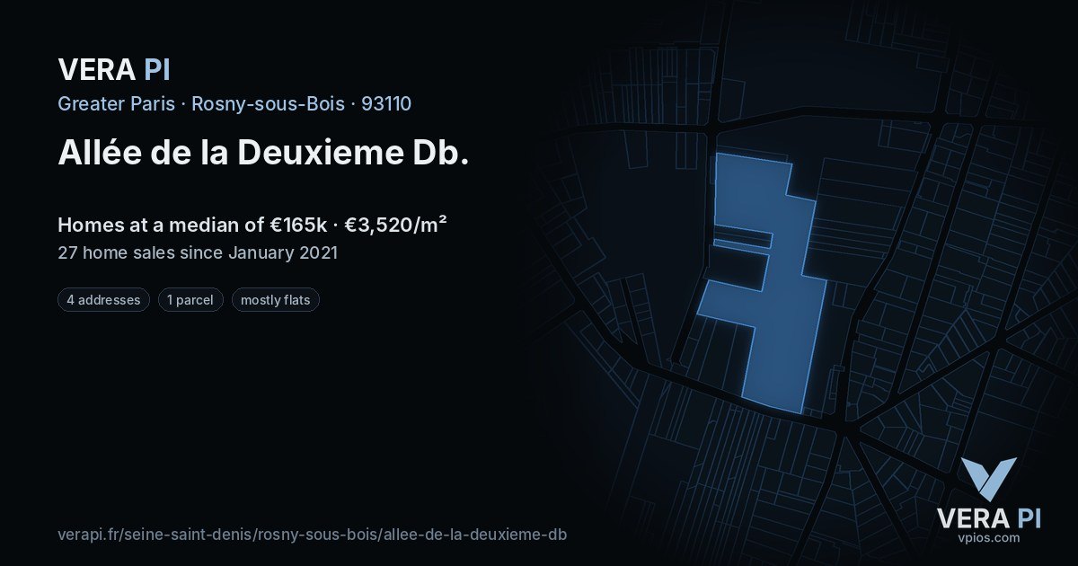 Allée de la Deuxieme Db, Rosny-sous-Bois at night – every parcel coloured by the prices around it, the street's own parcels lit
