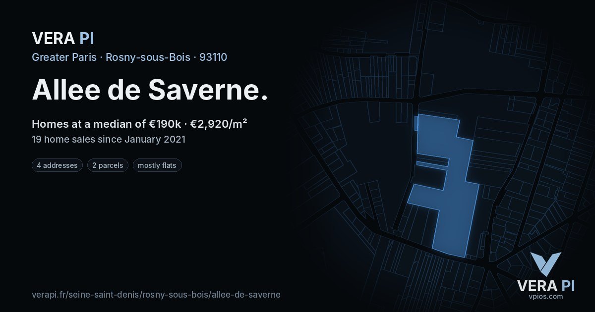 Allee de Saverne, Rosny-sous-Bois at night – every parcel coloured by the prices around it, the street's own parcels lit