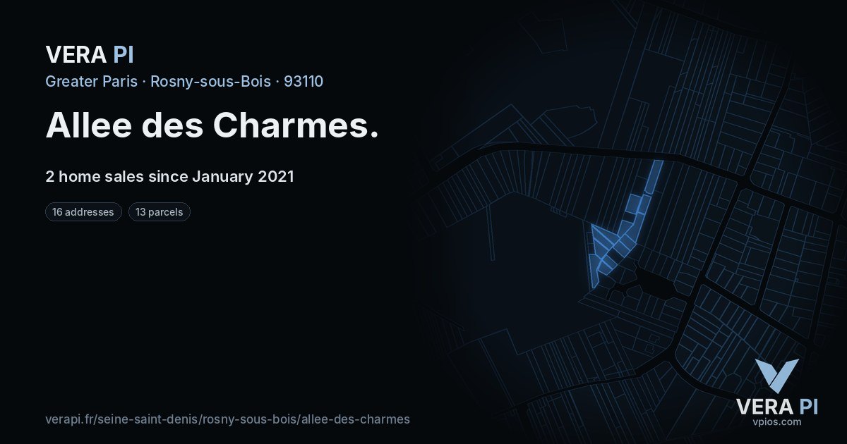 Allee des Charmes, Rosny-sous-Bois at night – every parcel coloured by the prices around it, the street's own parcels lit
