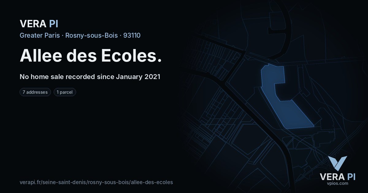 Allee des Ecoles, Rosny-sous-Bois at night – every parcel coloured by the prices around it, the street's own parcels lit