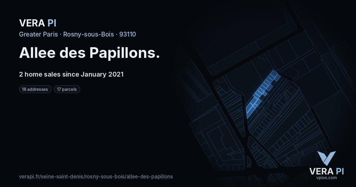 Allee des Papillons, Rosny-sous-Bois at night – every parcel coloured by the prices around it, the street's own parcels lit