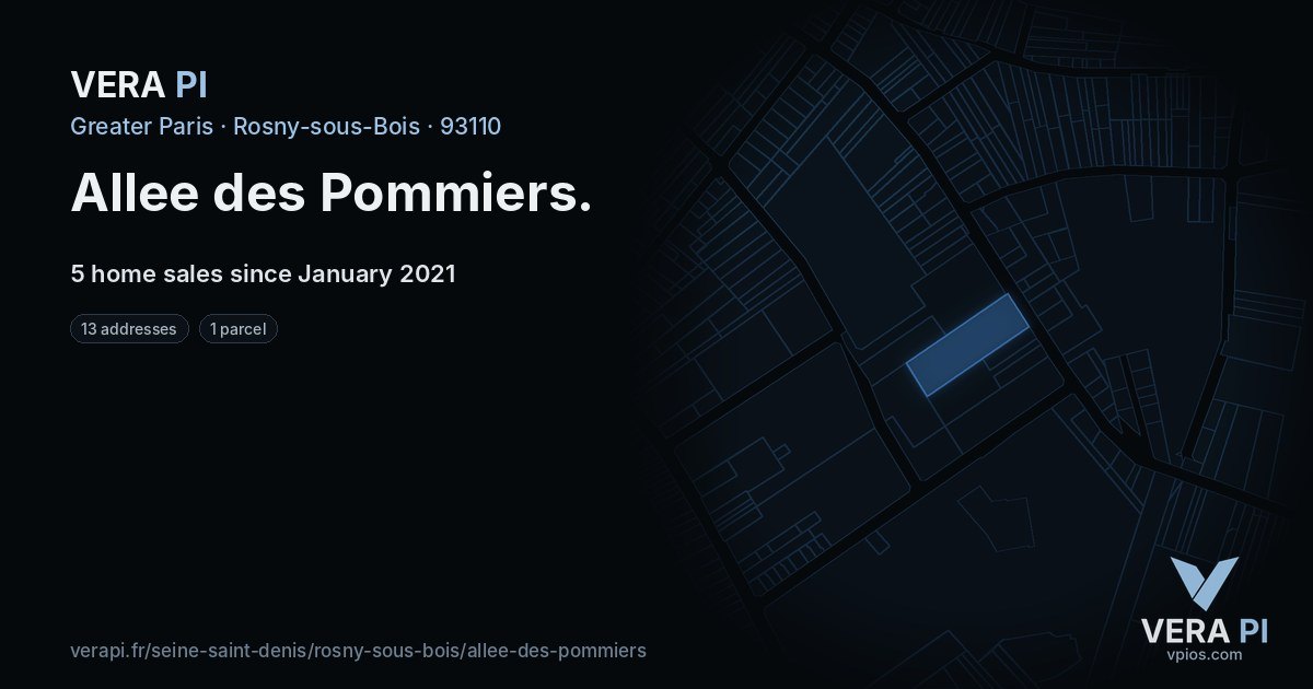Allee des Pommiers, Rosny-sous-Bois at night – every parcel coloured by the prices around it, the street's own parcels lit