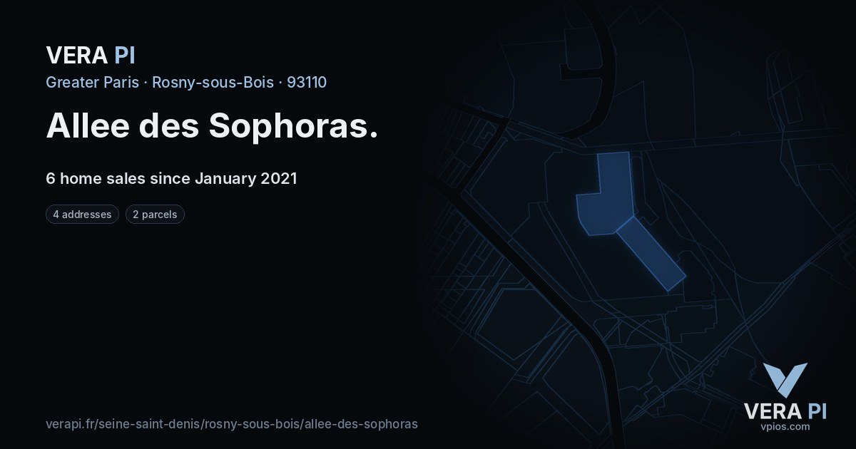 Allee des Sophoras, Rosny-sous-Bois at night – every parcel coloured by the prices around it, the street's own parcels lit