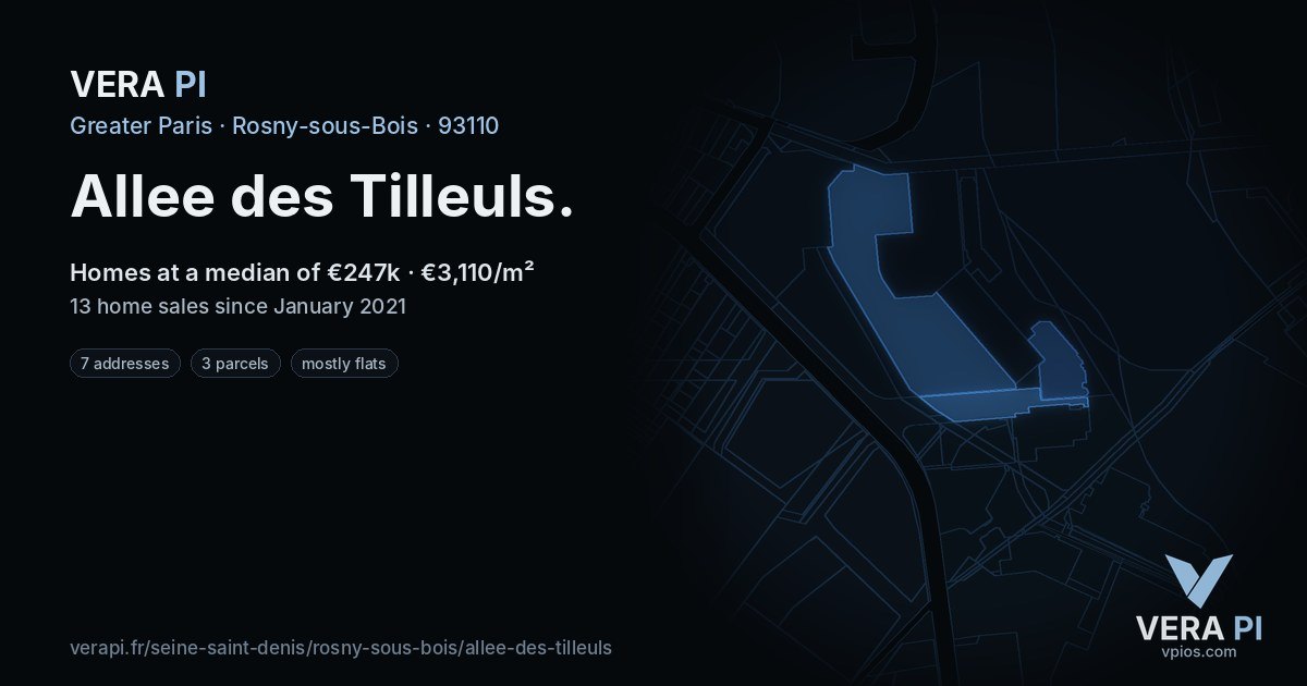 Allee des Tilleuls, Rosny-sous-Bois at night – every parcel coloured by the prices around it, the street's own parcels lit