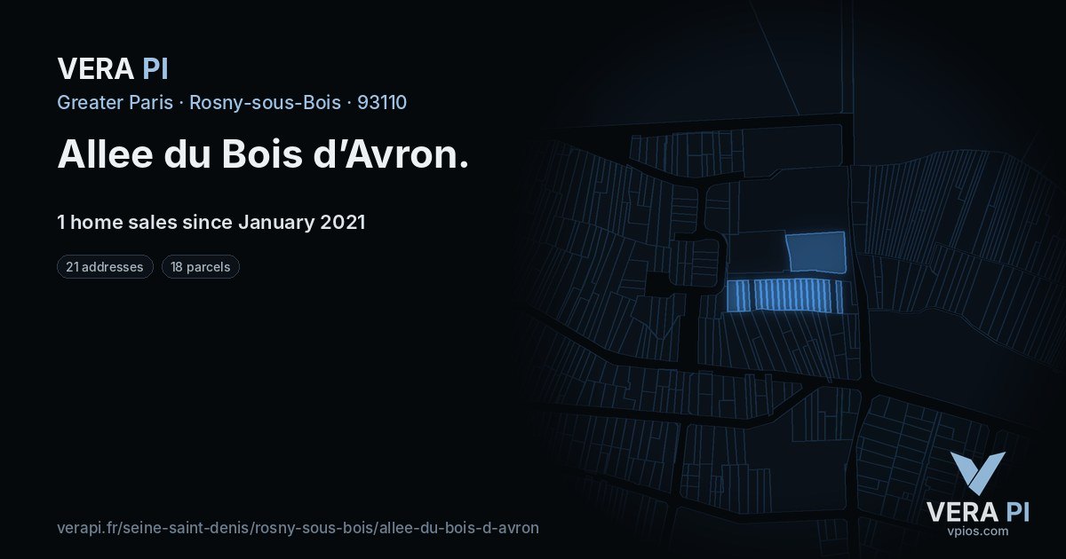Allee du Bois d’Avron, Rosny-sous-Bois at night – every parcel coloured by the prices around it, the street's own parcels lit
