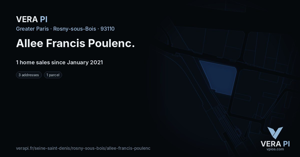 Allee Francis Poulenc, Rosny-sous-Bois at night – every parcel coloured by the prices around it, the street's own parcels lit