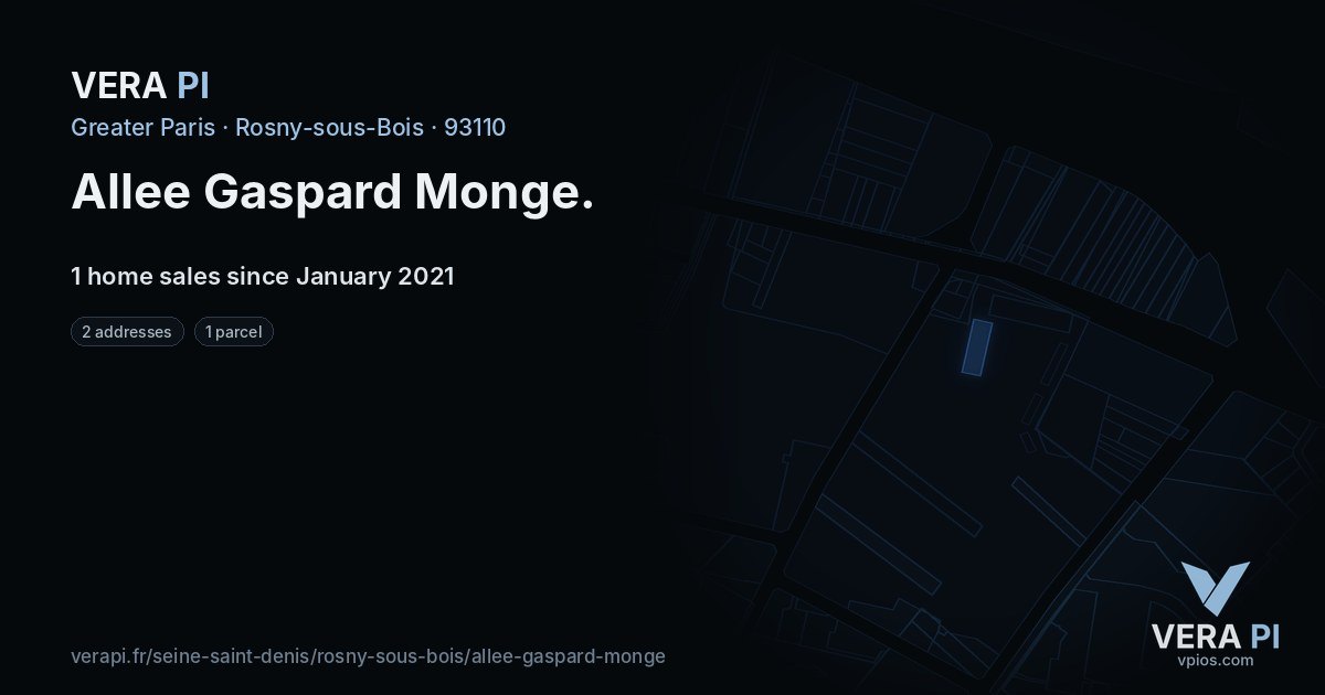 Allee Gaspard Monge, Rosny-sous-Bois at night – every parcel coloured by the prices around it, the street's own parcels lit