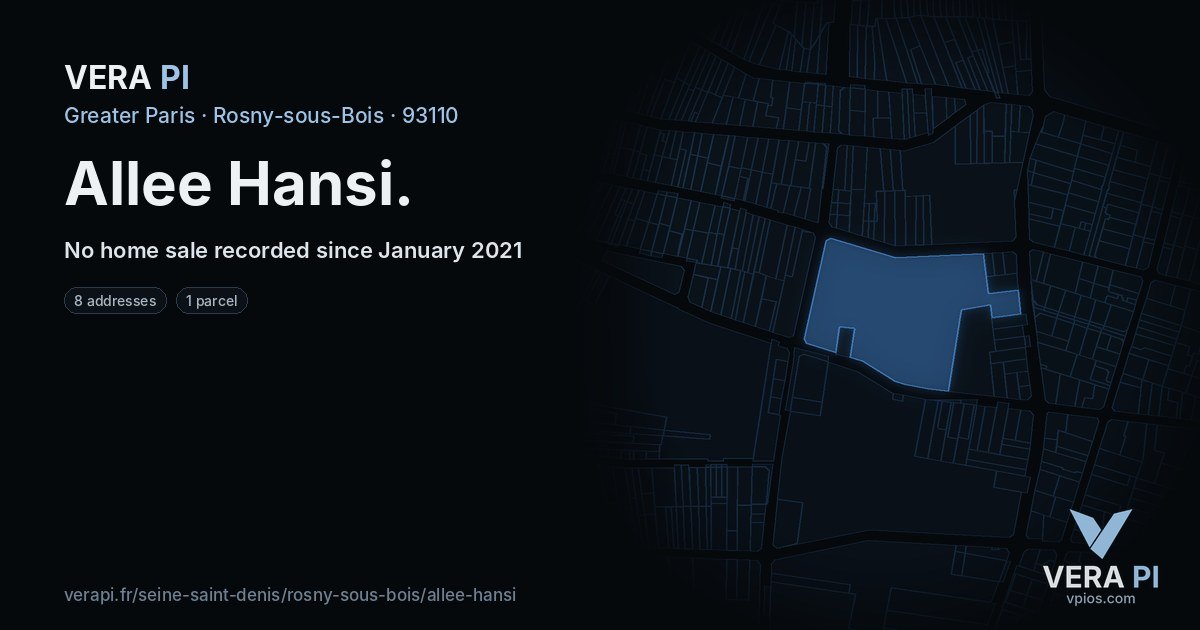 Allee Hansi, Rosny-sous-Bois at night – every parcel coloured by the prices around it, the street's own parcels lit