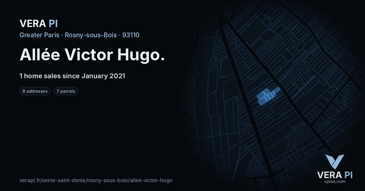 Allée Victor Hugo, Rosny-sous-Bois at night – every parcel coloured by the prices around it, the street's own parcels lit