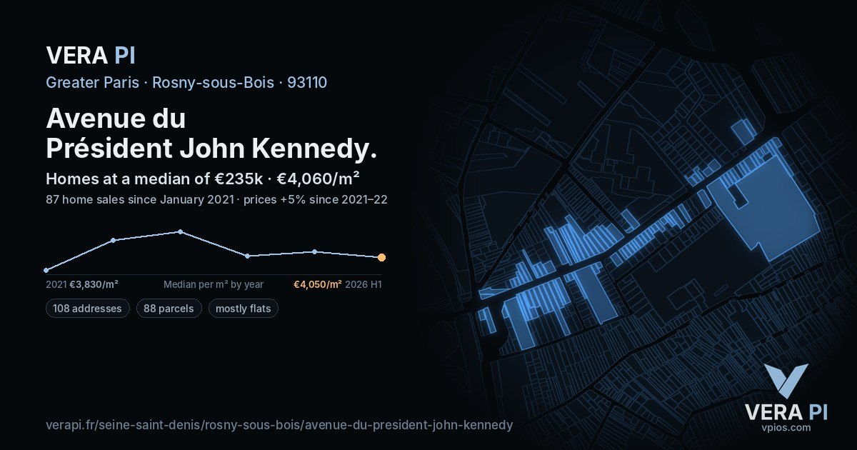 Avenue du Président John Kennedy, Rosny-sous-Bois at night – every parcel coloured by the prices around it, the street's own parcels lit