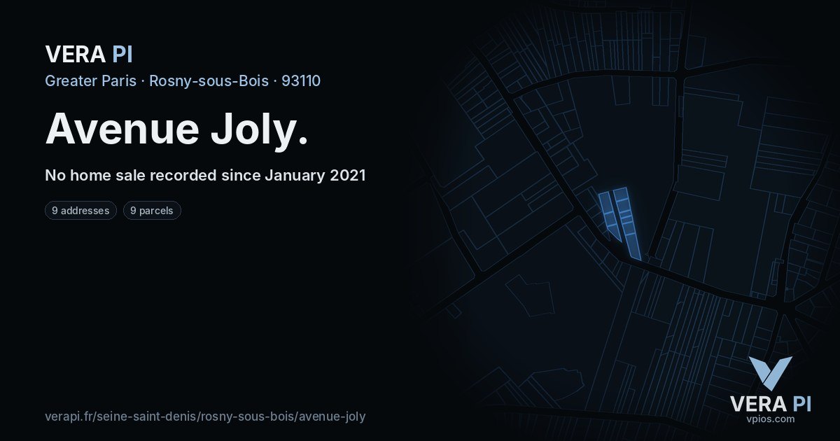 Avenue Joly, Rosny-sous-Bois at night – every parcel coloured by the prices around it, the street's own parcels lit