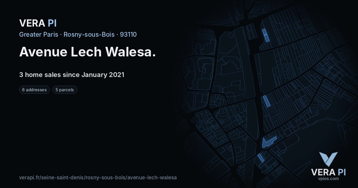 Avenue Lech Walesa, Rosny-sous-Bois at night – every parcel coloured by the prices around it, the street's own parcels lit